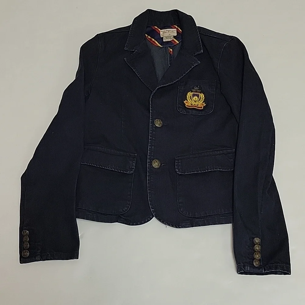 Ralph Lauren 100% cotton denim navy blazer w/crest girl's 14 prep school uniform